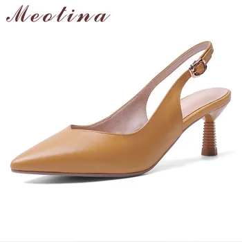 

Meotina Shoes Women Genuine Leather High Heel Slingbacks Pumps Pointed Toe Thin Heels Buckle Footwear Lady Summer Yellow Khaki