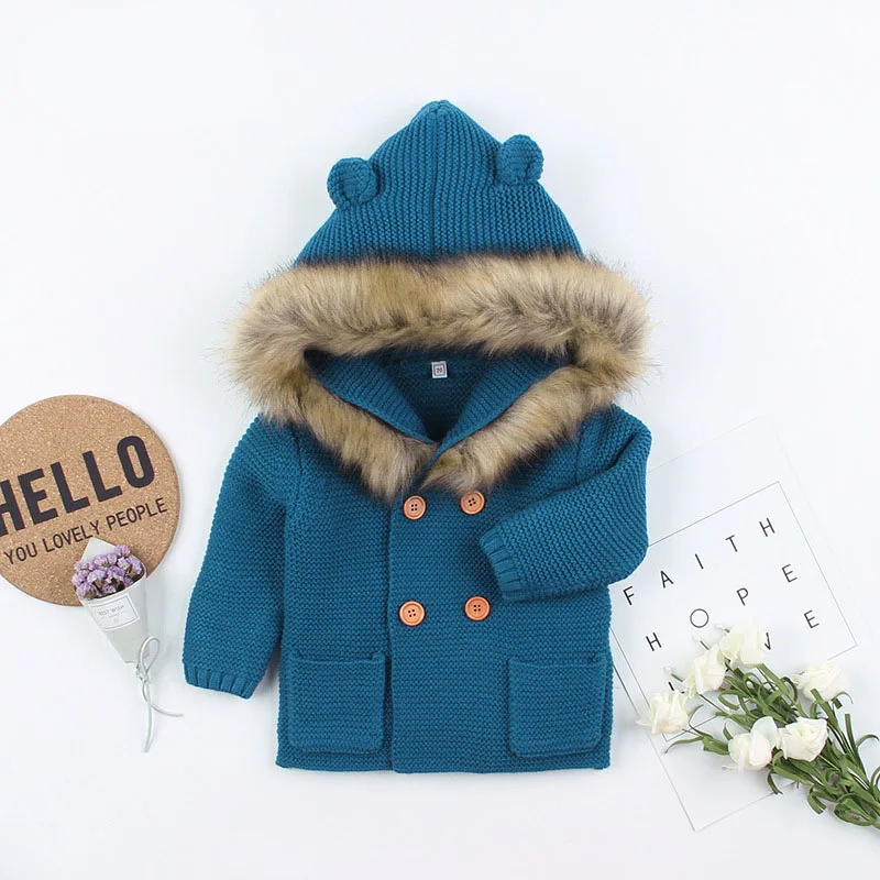 

Oeak New Fashion Baby Sweater Coat Cute Fur Collar Animal Hooded Knitting Coat Autumn Winter Warm Clothes For Baby Girl Boy