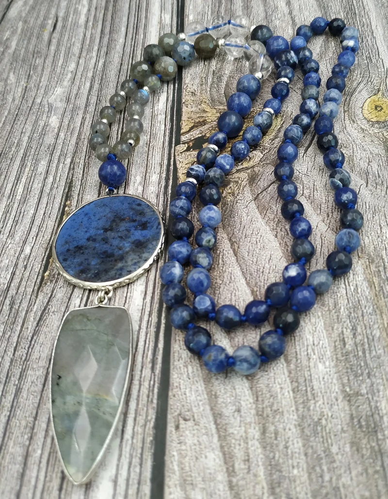 YA4049 Sodalite Circle Labradorite Pendant S Beads Knot Handmade Necklace