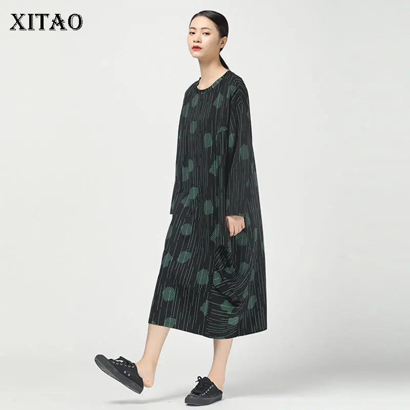

XITAO Striped Print Pattern Dress Women Winter 2019 Full Sleeve Long Pullover Pocket Irregular Hit Color Minority Dress DMY1415