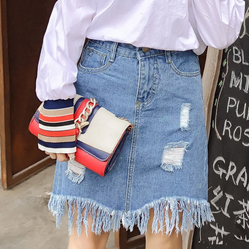 

Photo Shoot 2019 Spring Summer New Style Korean-style Elegant High-waisted Slimming with Holes Tassels Washing Water Denim Skirt