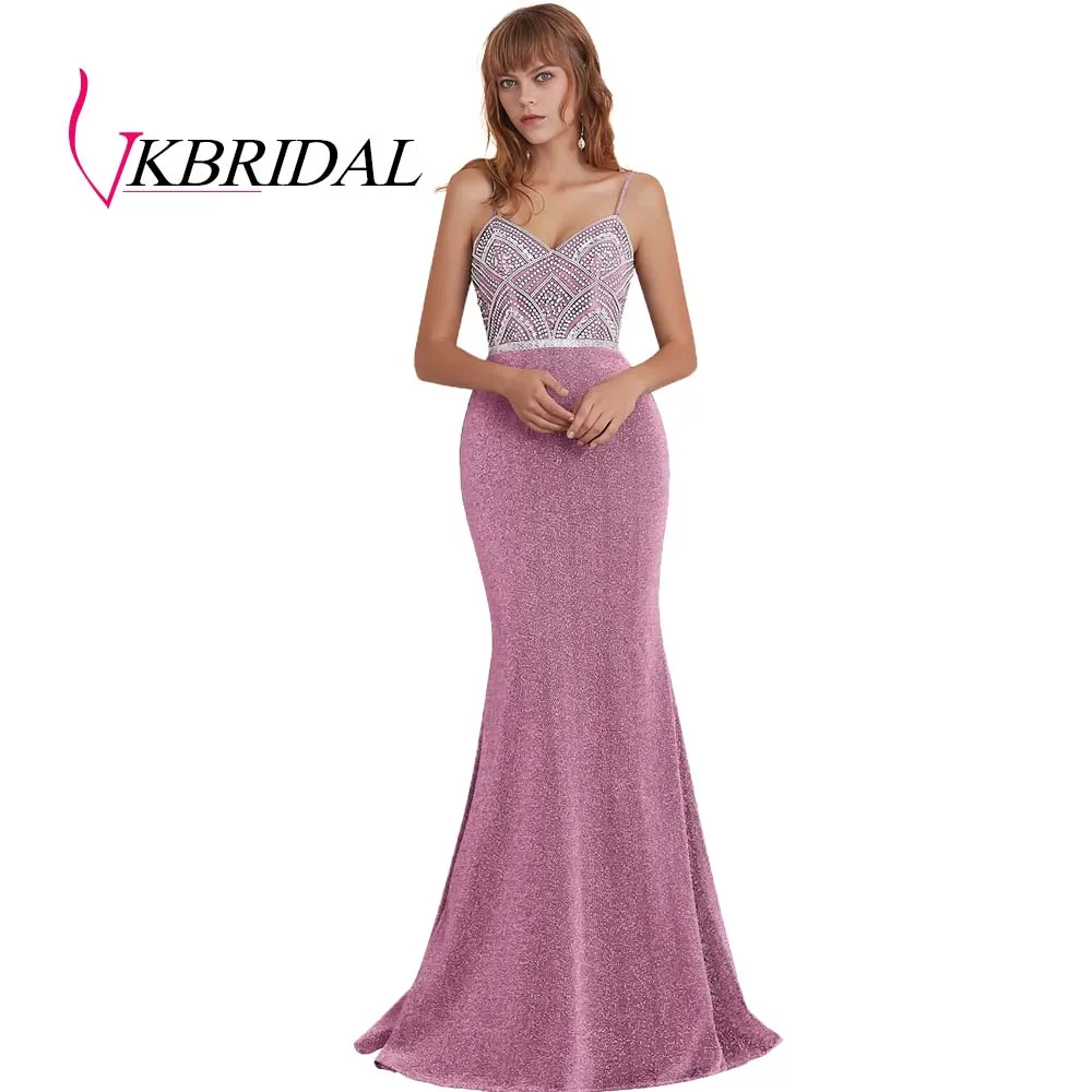 Розовый VKBRIDAL выпускные платья новые сексуальные блестящие ткани с бисером и кристаллами королевский синий формальные вечерние платья - Цвет: Розовый
