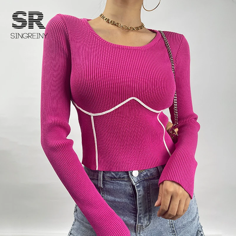 SINGREINY 2021 Women Knitted Sweater Long Sleeves O Neck Solid Elastic Slim Knit Basic Tops Autumn Casual Female Pullovers christmas sweatshirt