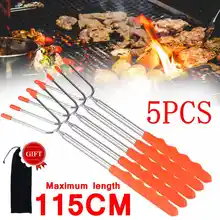 5 pçs marshmallows assando varas, espetos, cachorro-quente telescópica garfos rotativos extra longo 45.27 extending estendendo aço inoxidável + saco