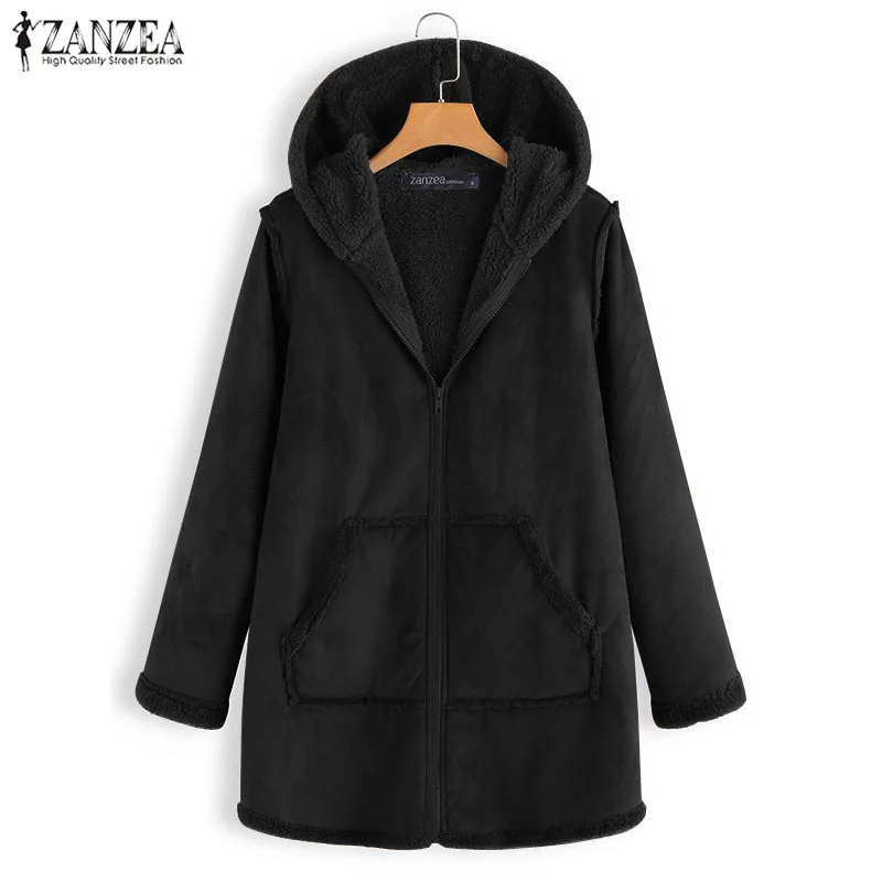 Зимняя однотонная верхняя одежда на молнии ZANZEA с капюшоном, меховые пушистые теплые пальто, осенние женские повседневные куртки с длинным рукавом, женские кардиганы