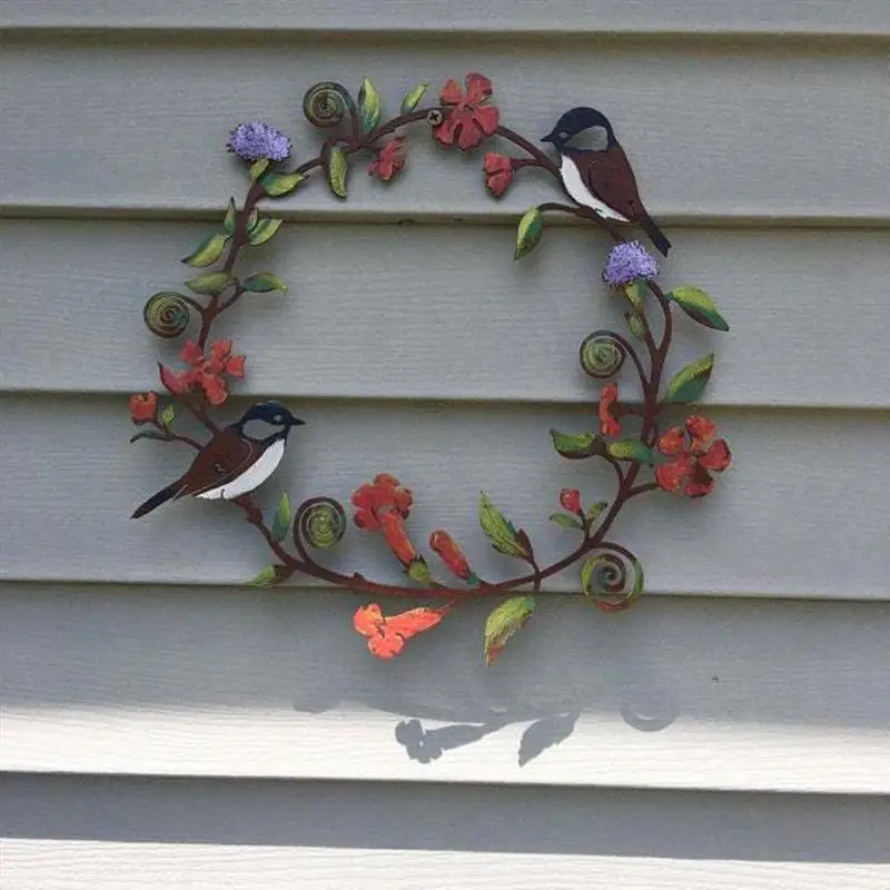 Flowers Wreath Wall Art Bird Garland Metal Hanging Wreath for Door Wall Farmhouse Decoration