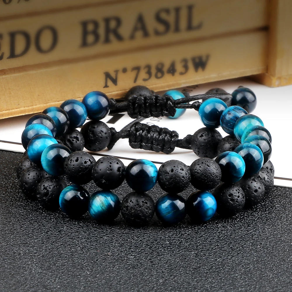 Stone Bead Bracelet 8mm Men Black Lava Beads Tiger Eye Adjustable Braided Rope Couple Women Yoga Healing Jewelry