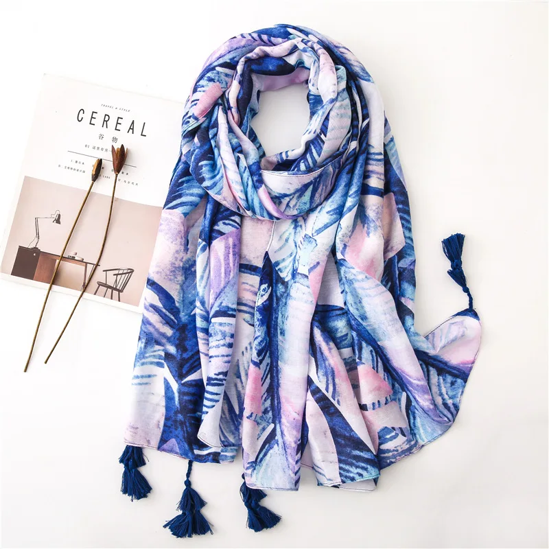 Модный летний женский шарф, тропические растения, хлопок, шали из вискозы и деформаций, банановый лист, краски, пляжные шарфы, шали, головной платок
