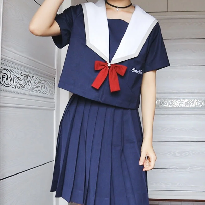 JK Uniform Set Embroidery Cute Japanese Student Sailor Collar Long-sleeve Blouse & Bow Pleated Skirt Color Navy Blue