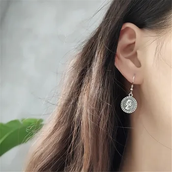 

RUIYI Real 925 Sterling Silver Women Vintage Make Old Distressed Drop Earrings Female Sixpence Coin Charm Chic Dangle Earrings