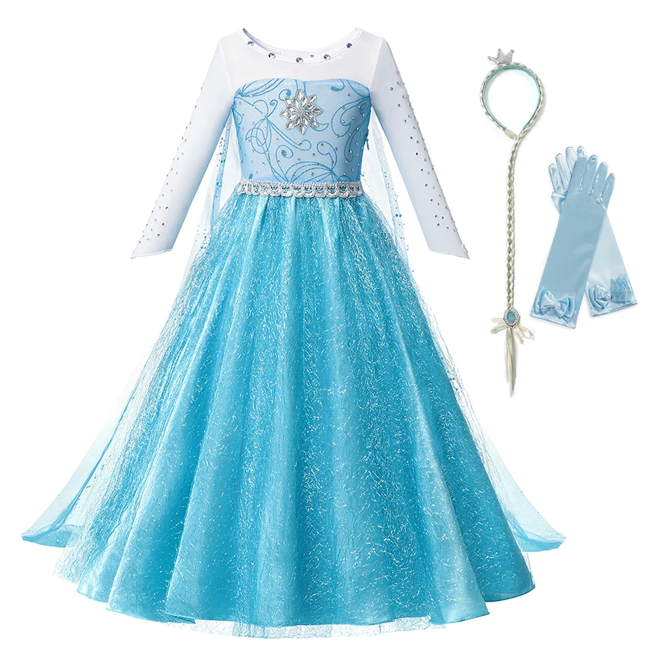 Платье принцессы Эльзы для девочек; Детский костюм со стразами и накидкой; Снежная королева; Эльза; Детские вечерние маскарадные платья на день рождения, Хэллоуин