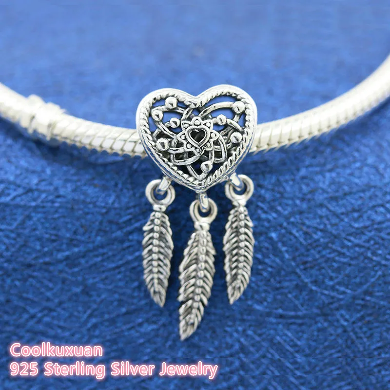 

100% 925 Sterling Silver Openwork Heart & Three Feathers Dreamcatcher Charm beads Fits Original Pandora bracelets Jewelry Making