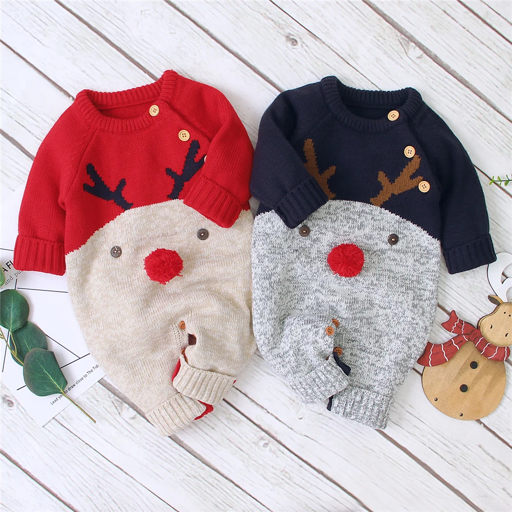 Рождественский Вязаный комбинезон для новорожденных девочек, комбинезон, комбинезон, свитер, теплая одежда