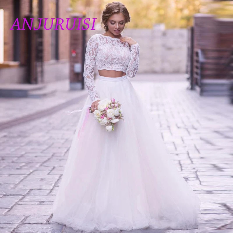 

ANJURUISI 2019 Two Pieces Wedding Dress Long Sleeve Lace Bride Gowns Scoop Boho Tulle Wedding Gowns A Line Floor Length Gown