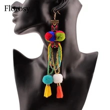 Florosy Long Cotton Ball Tassel Pendant Earrings For Women Chunky Colorful Acrylic Bead Handmade Vintage Ethnic Dangle Earrings