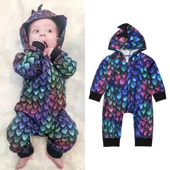 

Novelty Newborn Infant Baby Boy Girl Long Sleeve Dinosaur Colorful Hooded Romper Zipper Jumpsuit Outfits Cartoon Clothes
