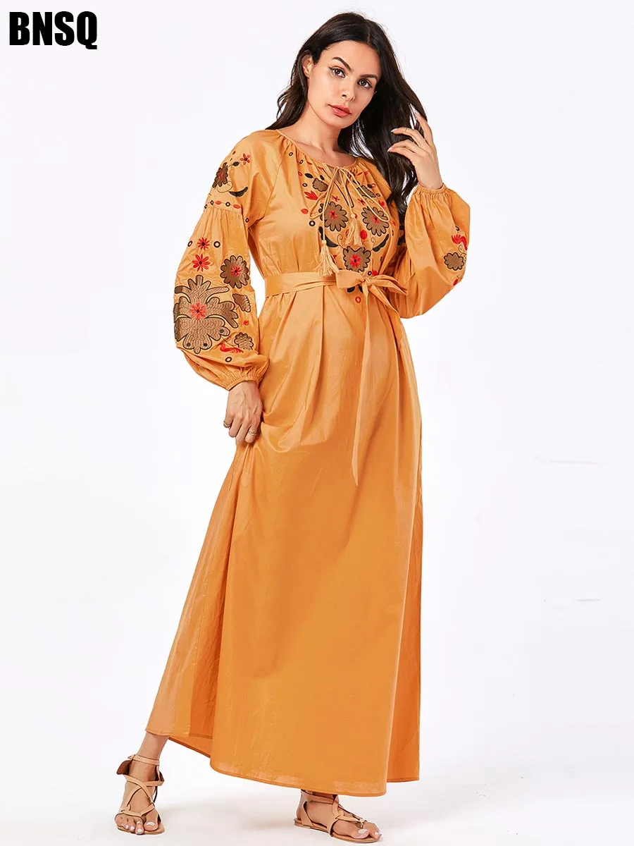 BNSQ модное Цветочный вышитый кружевной Макси платье арабский пакистанский сальвар камиз мусульманская одежда Турция Кафтан Оман абайя - Цвет: 9070 gold