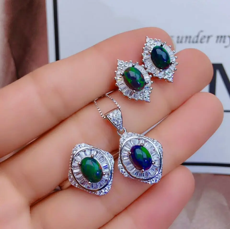 

MeiBaPJ Natural Black Opal Gemstone Flower Earrings Ring and Necklace 3 Siut for Women Real 925 Sterling Silver Fine Jewelry Set