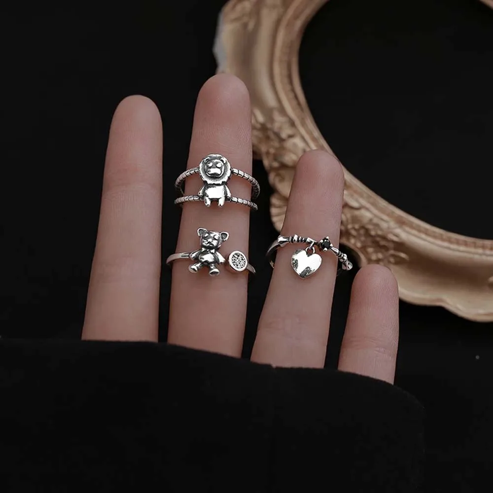 Женское Винтажное кольцо с медведем регулируемое металлическое сердечком