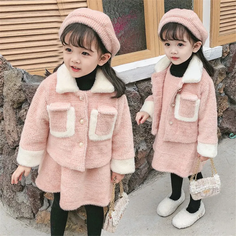 

Girls Small Fragrance Suit 2019 Autumn And Winter New Children's Foreign Pearls Lapel Jacket Skirt Two-piece Clothes