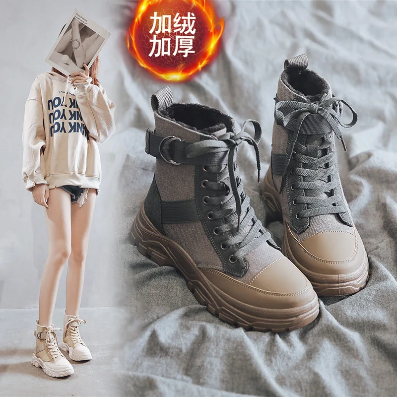 

2019 New Women Winter Boots Plus Velvet Warm Women Fashion Platform Shoes Retro High-top Casual Martin Boots Botas Mujer M560