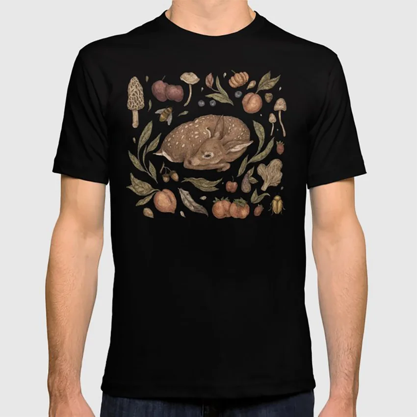 Foraging олененок футболка Олень doe грибы персик животных Садоводство ботанический Винтаж