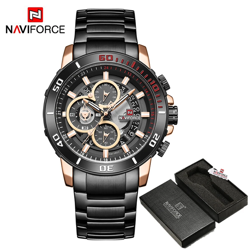 NAVIFORCE Бизнес спортивные часы Для мужчин высокое качество, модные, с хронографом, кварцевые часы для джентльмена Нержавеющая сталь браслет часы подарки - Цвет: RGB BOX