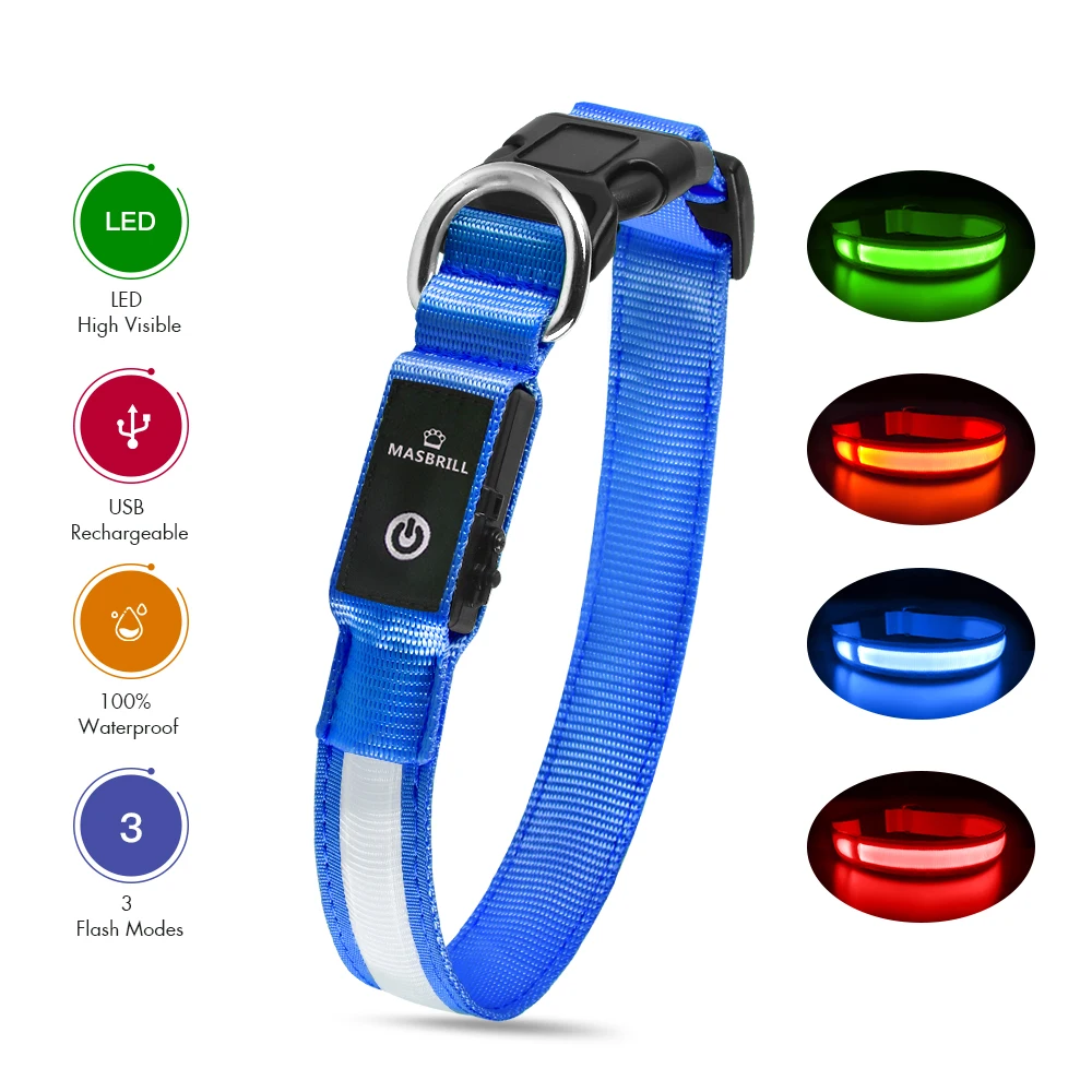 USB Charging Flashing Dog Collar Leads LED Light Night Safety Glow Anti-Lost/Avoid Car Accident Dog Nylon Adjustable Pet Collar