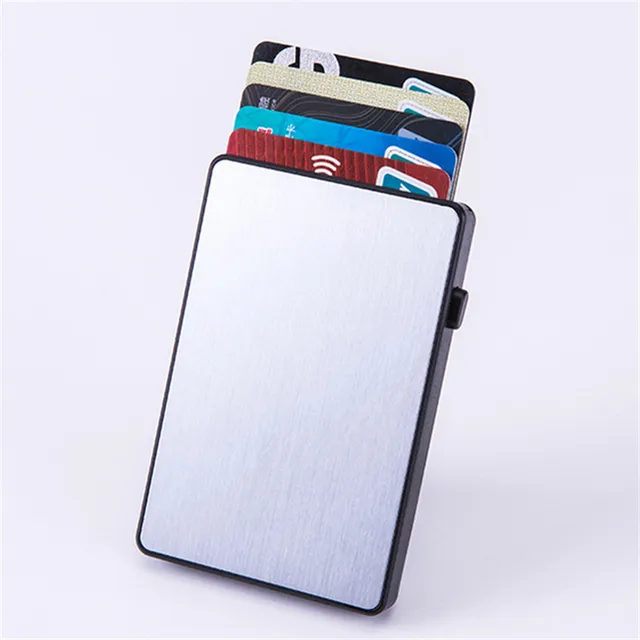 Bisi Goro Men's Bag Ultra Thin Rfid Fashion Pop Up Button Anti Theft Cardholder Aluminum Single Box Smart Wallet Silver X-64