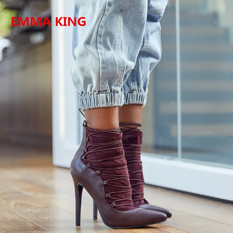 

Wine Red Leather Patchwork Women Ankle Boots Pointed Toe Stilettos Roman Shoes Back Zipper High Heels Booties 2019 Autumn Winter