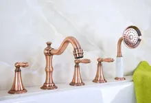 

Antique Red Copper Brass Widespread Three Handles Deck Mounted 5 Holes Bathroom Tub Faucet Mixer Tap With Handshower mtf218
