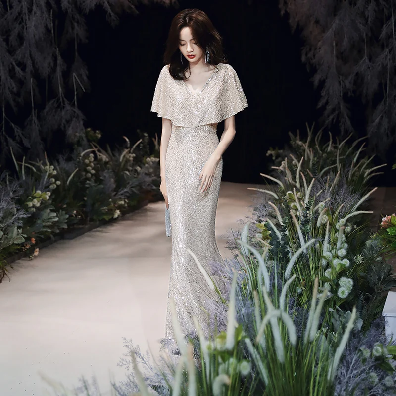 Новинка; вечернее платье; длинное кружевное платье с блестками, v-образным вырезом и тяжелыми рукавами; модные вечерние платья принцессы; элегантные длинные платья «рыбий хвост»