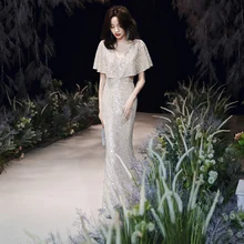 Новинка; вечернее платье; длинное кружевное платье с блестками, v-образным вырезом и тяжелыми рукавами; модные вечерние платья принцессы; элегантные длинные платья «рыбий хвост»