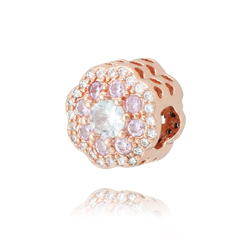

Classic Pink Sparkling Flower Charm Beads fit Original European Bracelets Women DIY Jewelry