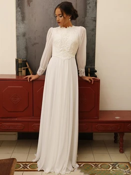

Appliqued Lace Chiffon Wedding Dresses High Neck Long Sleeve Floor Length Sheath Vintage Design Bridal Gowns vestido de noiva