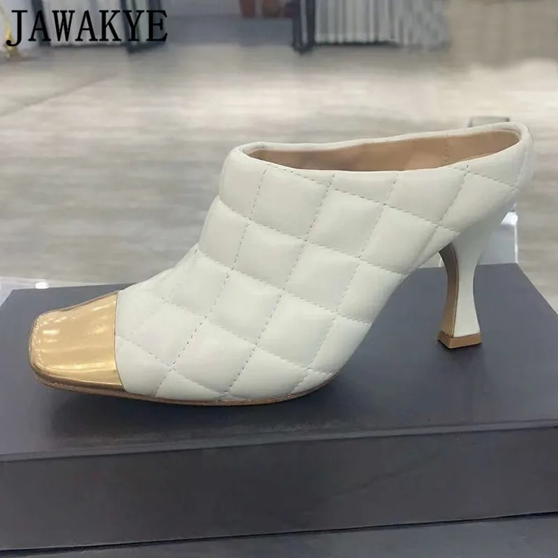 

New Plaid leather high heel Slippers Women Gold Metal Square Toe High Heel Shoes Woman Black White Mules party Wedding shoes