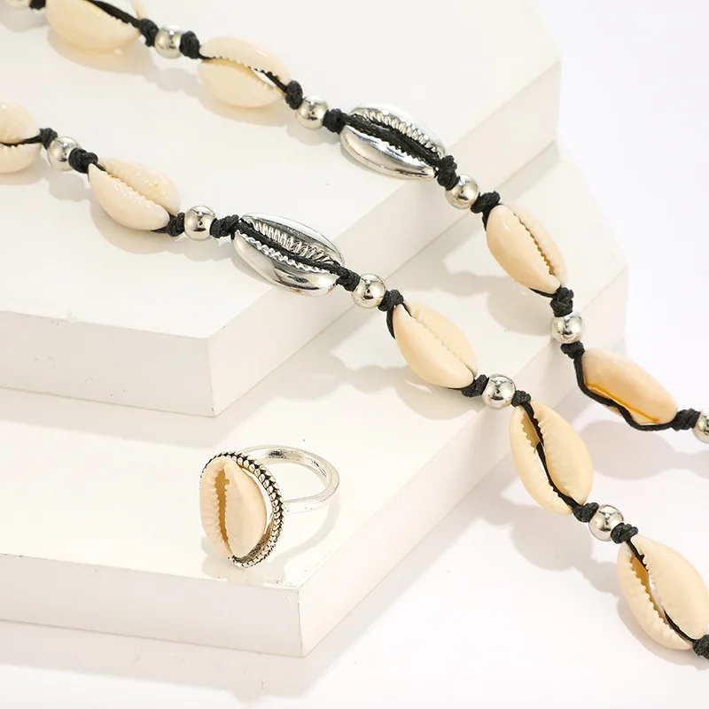 Черная веревка, цепочка, ожерелье, браслет, набор, Boho Seashell, каури, гавайский летний воротник, колье, женское пляжное ювелирное изделие, подарок для девочки