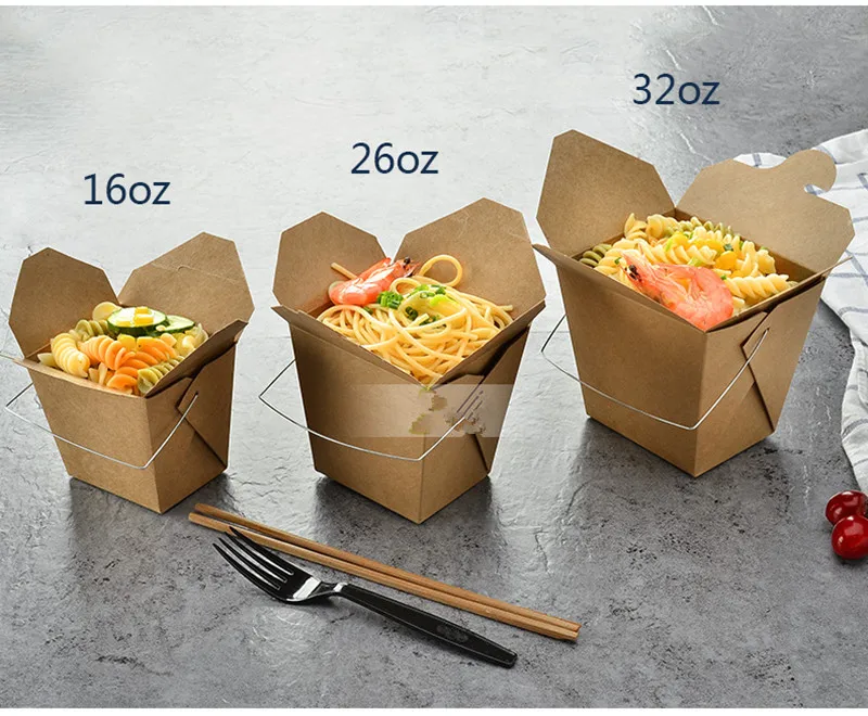 50 шт коробка из крафт-бумаги, коробка для ланча, закусок, салата, одноразовая коробка для фаст-фуда, пасты на вынос, упаковочная коробка с черной пластиковой ручкой