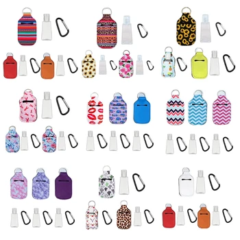 

3 Sets 30ml Portable Refillable Clear Empty Bottle with Keychain Holder Carriers Metal Buckle Hand Sanitizer Lotion Flip Cap Squ