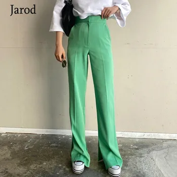 

2020 Autumn pants women high fashion vintage pants street wear casual green high waist split long trousers