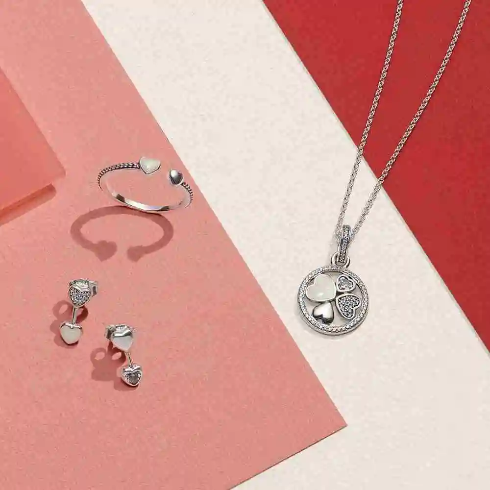 

100% 925 Sterling Silver 1:1 Hearts of Love Enamel Ring Stud Earrings Necklace Gift Set