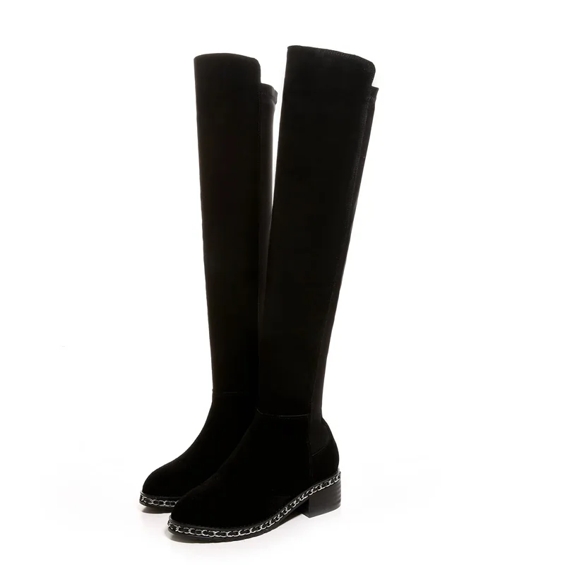 cow suede black EGONERY/Новинка; зимние сапоги до колена в сдержанном стиле; удобные женские сапоги из коровьей замши на среднем каблуке с металлическим украшением; Прямая - Цвет: cow suede black