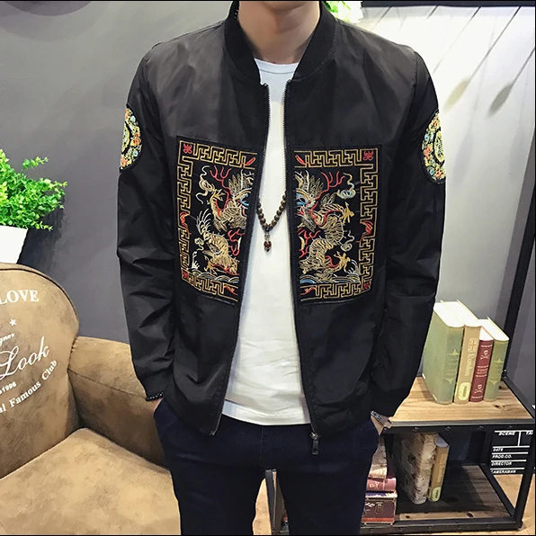 Традиционная мужская куртка-бомбер с вышивкой дракона в китайском стиле, этнический тотем в стиле хип-хоп, Повседневная модная куртка-пилот на молнии