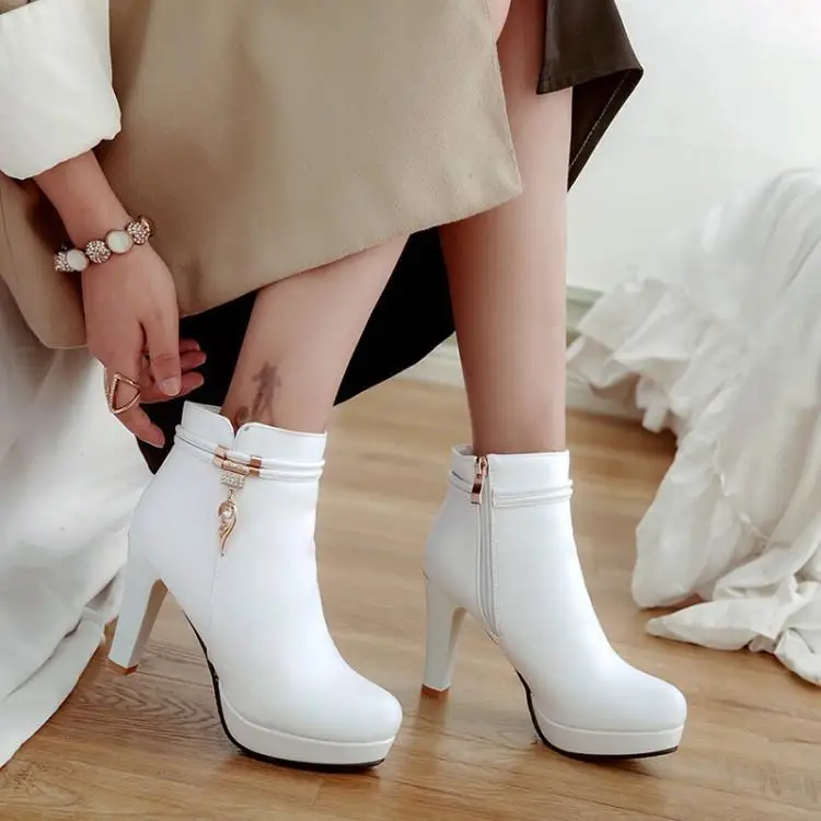 

Korean Bow Female Winter High-heeled Boots Spring And Autumn 2019 Platform Booties With Thick Heel Pink White Black Shoes