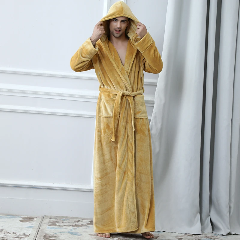 Женский очень длинный теплый фланелевый Халат, однотонное роскошное кимоно, уютное с капюшоном, коралловый флис, банный халат, ночной халат, Мужская одежда для сна - Color: Men Gold