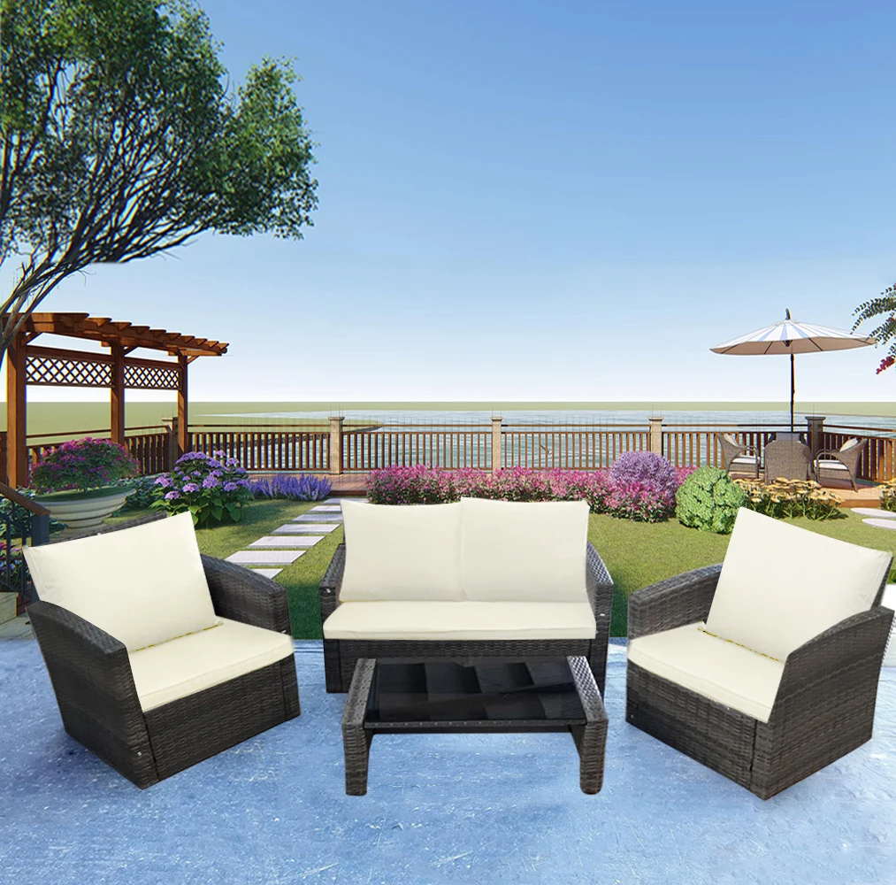 Panana Outdoor Furnitures 4 Piece Rattan Garden furniture Table Chairs Sofa Set US stock