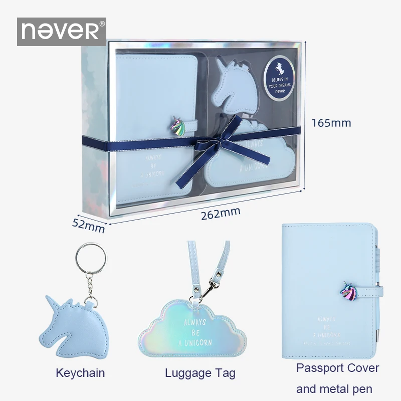 Серия Never Unicorn, набор канцелярских принадлежностей из трех предметов, Подарочный пакет, кожаный чехол для паспорта, багажная бирка, брелок, металлическая ручка, офис