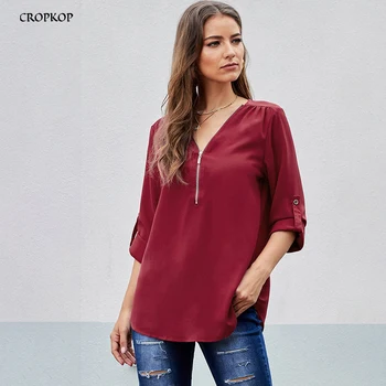 

Women Tops And Blouses Summer Autumn Fashion Casual Loose Ladies Solid Black Full Sleeves V Neck Zip Up Oversided Shirt New 2020