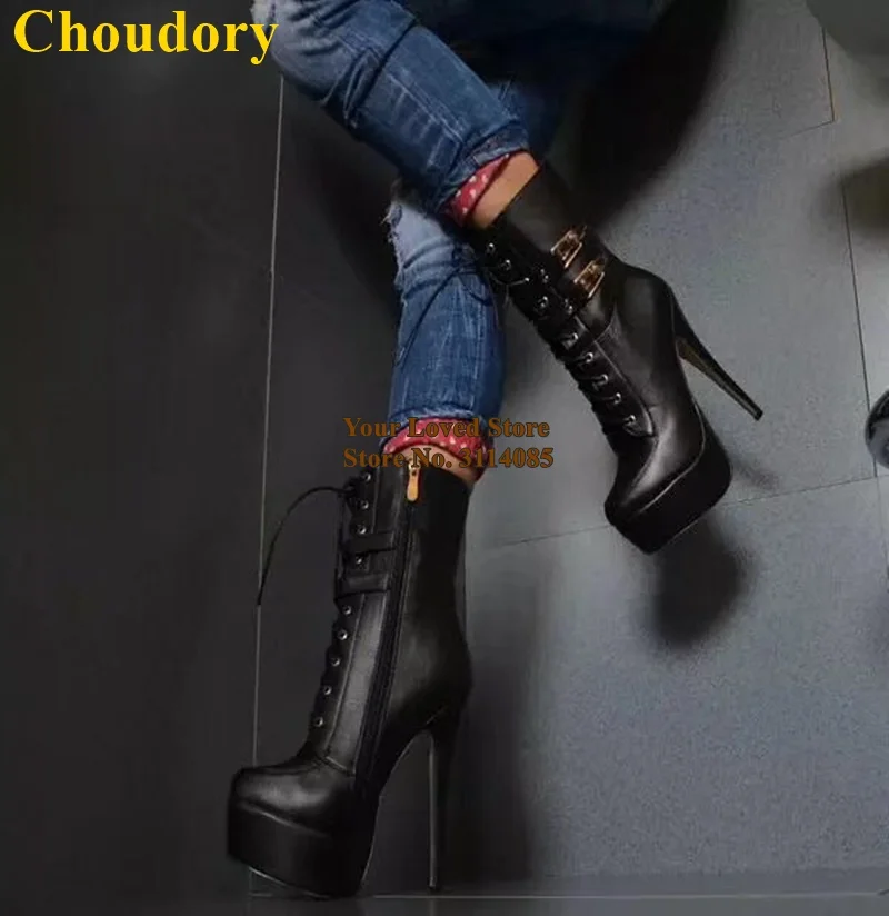 Choudory/черные сапоги до середины икры из матовой кожи на шпильках модельные сапоги на платформе на шнуровке с пряжкой и ремешком сапоги средней длины для ночного клуба