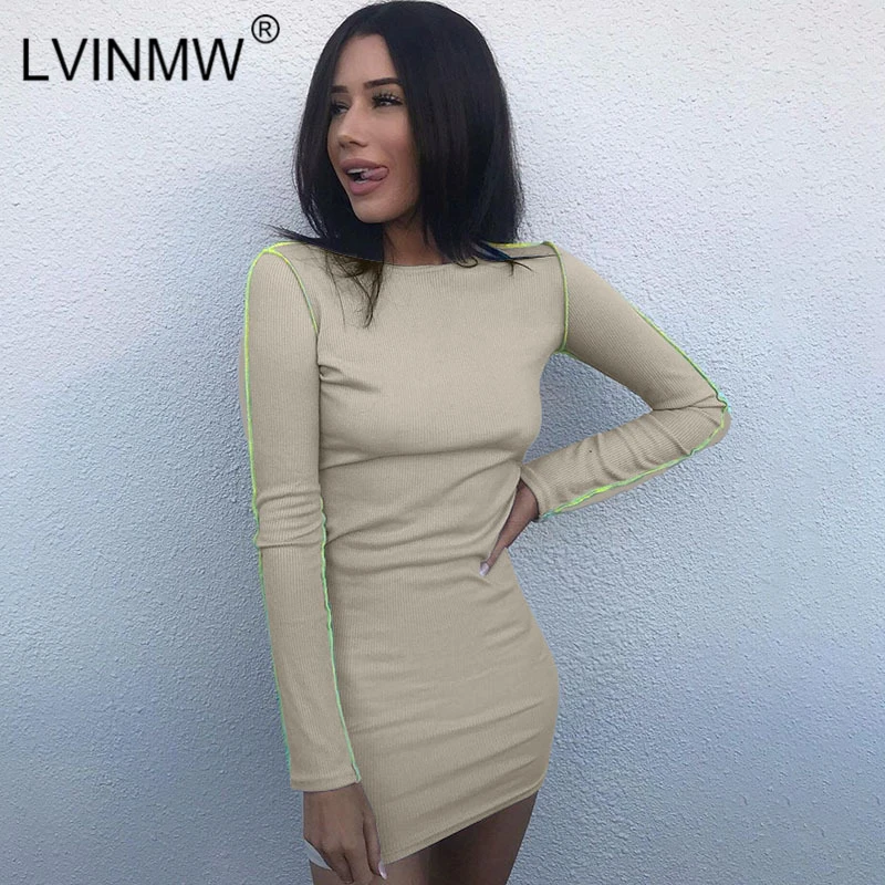 

LVINMW Casual Knitted Side Striped Line Bodycon Dress 2019 Autumn Winter Long Sleeve O Neck Pencil Mini Dress Party Streetwear